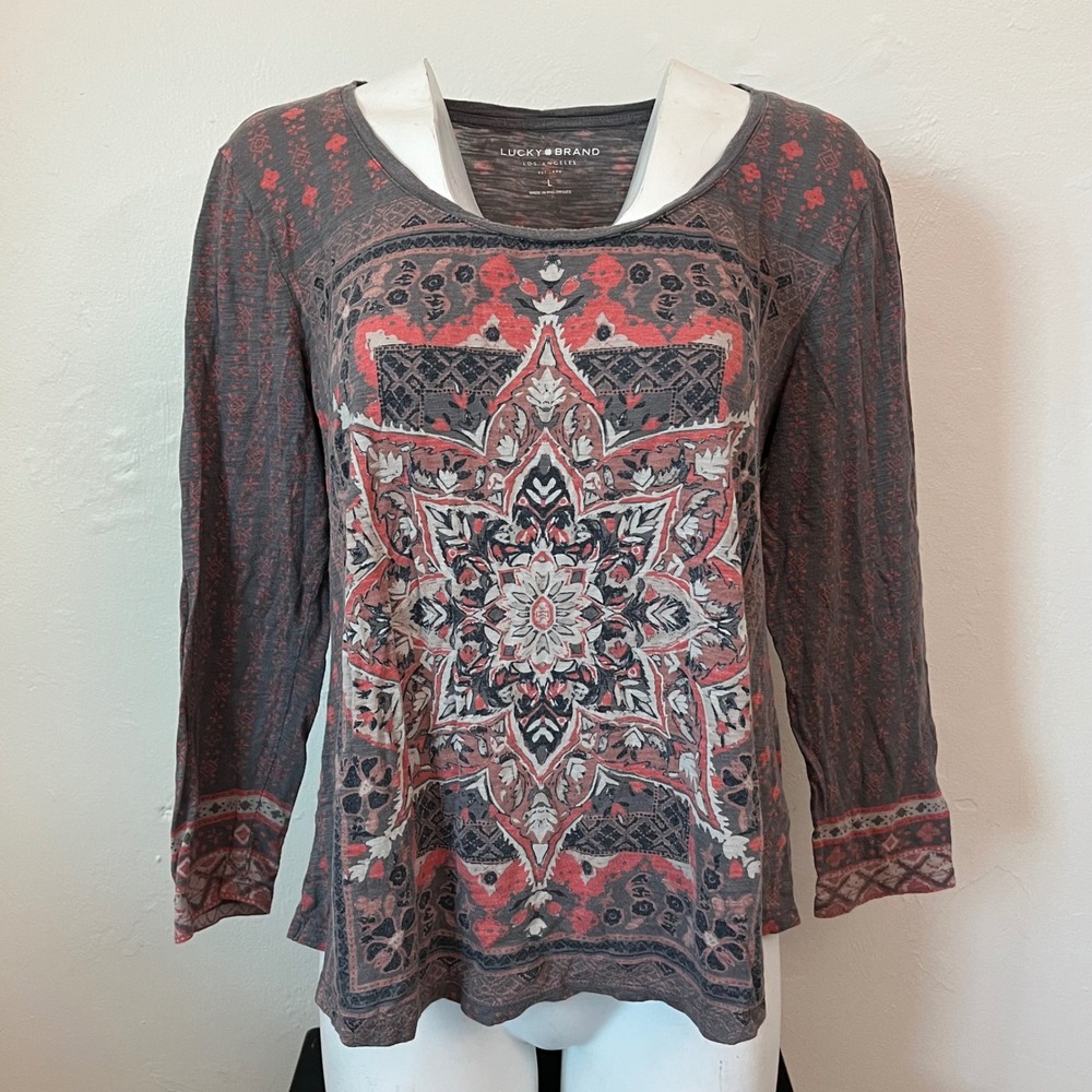 Lucky Brand Womens Large Gray Coral Mandala Graphic Long Sleeve Slub Knit Top